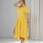 Літнє жовте плаття максі вільного крою з асиметричним низом — oversize, бавовна, кишені. F770